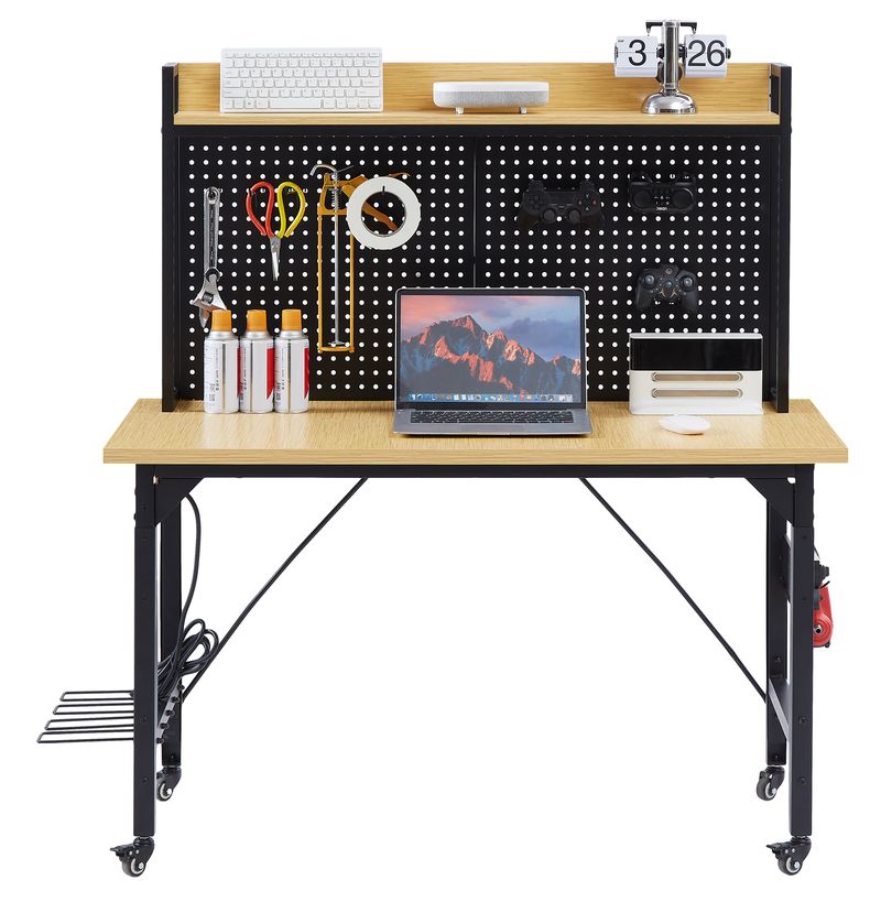 48''Adjustable Workbench With Pegboard, Heavy Duty Wooden Desktop Workbench With Wheels, 1600 Lb. Load Capacity, Rolling Workbench With AC/USB Outlet, Hooks, Shelf, For Garage, Workshop, Office, Home._voghion.com