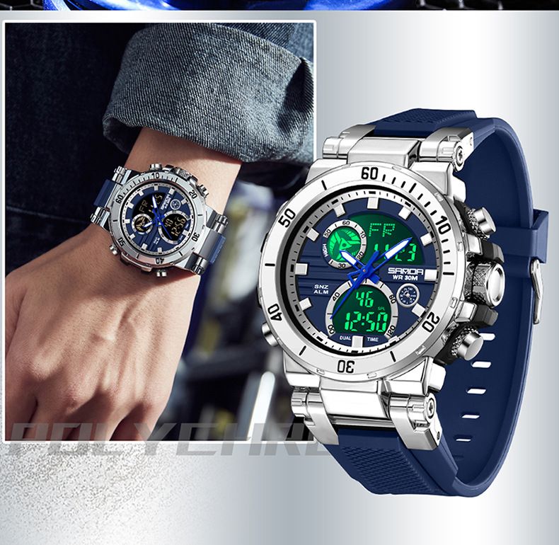 Stijlvolle multifunctionele digitale analoge herenhorloge met dubbel display, alarm, stopwatch, waterbestendig, lichtgewicht luxe design waterdichte horloges_voghion.com