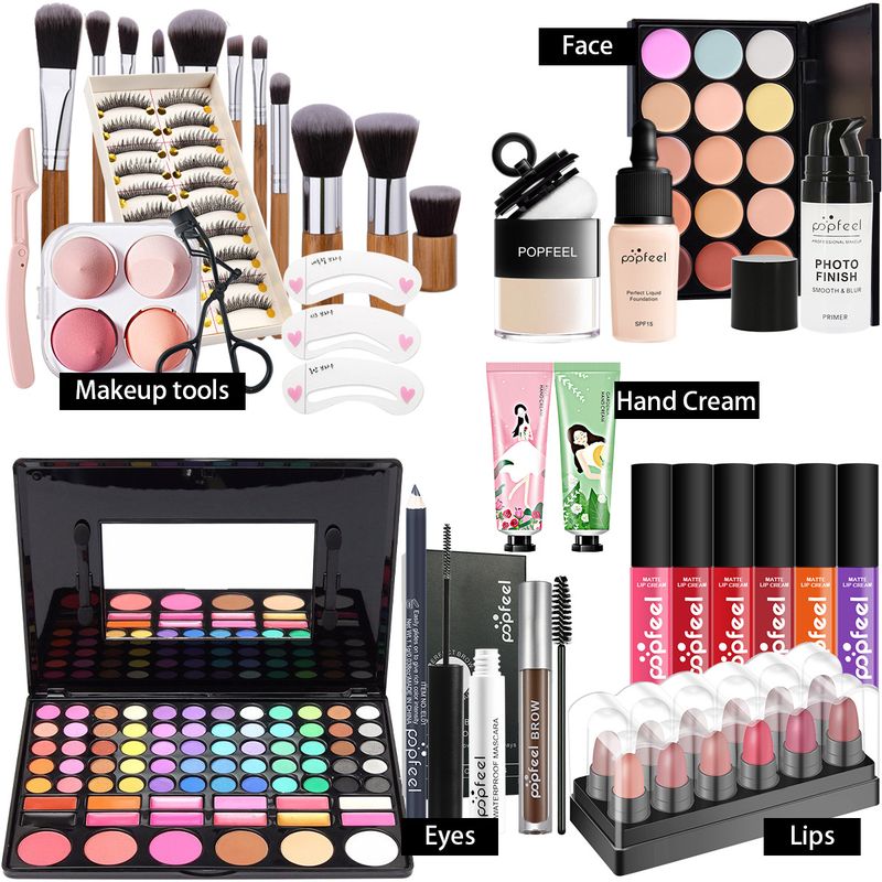 Caja sorpresa con combinación de maquillaje, sombra de ojos, lápiz labial, juego de brochas de maquillaje de base, color aleatorio_voghion.com