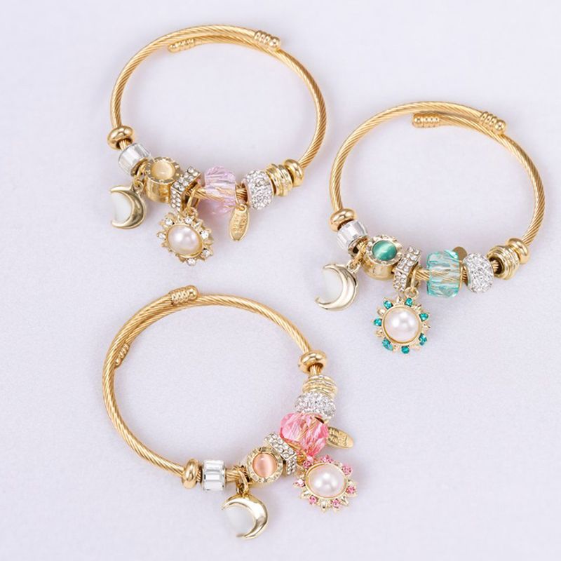 Bracciale fai da te in acciaio inossidabile al titanio con corona a forma di cuore dorato, margherita, stella e sole_voghion.com