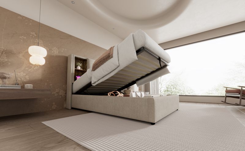 Lit simple avec recharge sans fil USB-C, cadre de lit rembourré avec rangement 90 x 200 cm, sommier à lattes en bois, tissu en lin naturel (avec matelas)_voghion.com