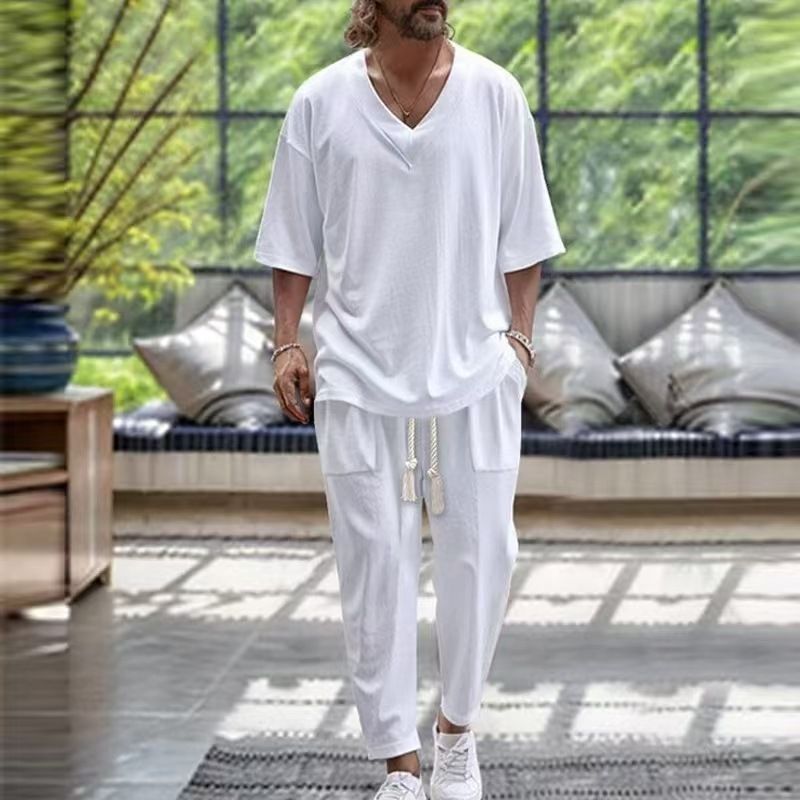 Men's Clothing Cotton And Linen V Neck T Shirt Casual Short Sleeved Trousers Beach Suit_voghion.com