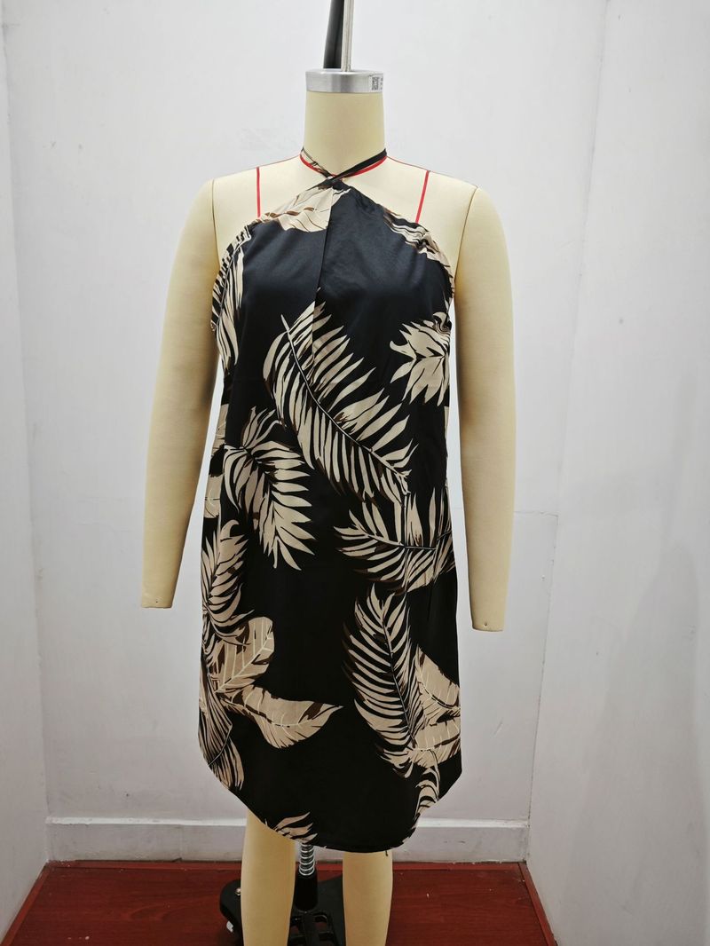 2025 Summer Printed Shoulder Hanging Neck Strap Loose Women's Dress For Women_voghion.com