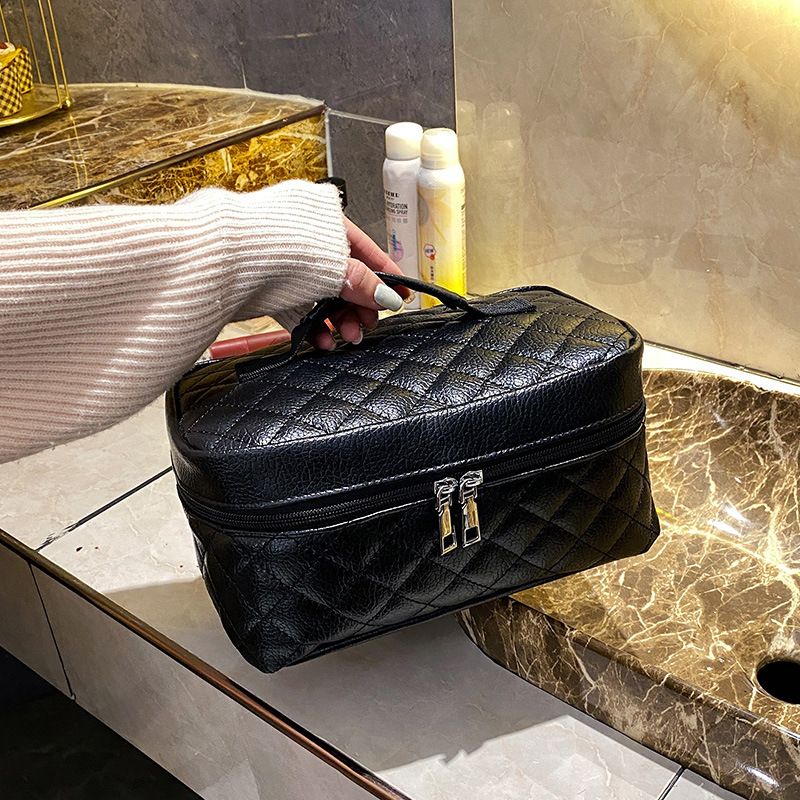 Koreanische Lingge Schwarz PU Handheld Make-Up Große Kapazität Kosmetische Lagerung Tasche Netizen Reise_voghion.com