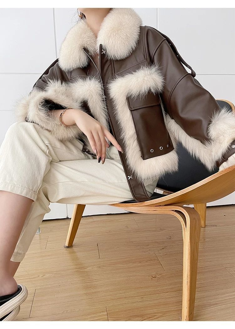 Women's Fox Fur Patchwork Fur Motorcycle Vintage Loose Jacket_voghion.com