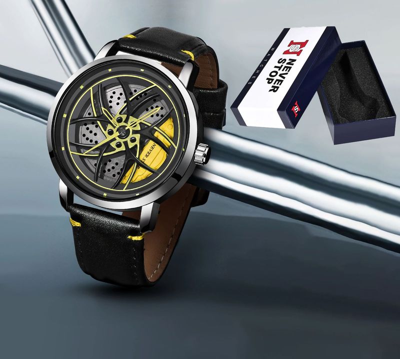 Orologio rotante con cinturino in pelle, tendenza moda, al quarzo, da uomo, con contorno, set di scatole_voghion.com