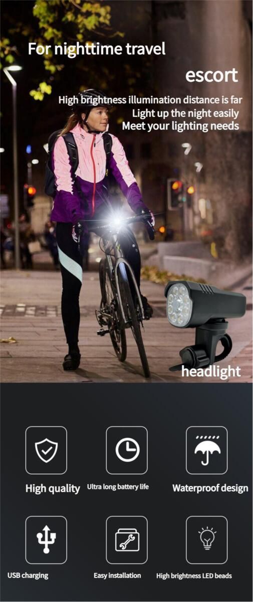 Bicicletta ricaricabile in lega di alluminio per pedalate notturne all'aperto, alta luminosità, lunga durata, strada e montagna bicolore._voghion.com