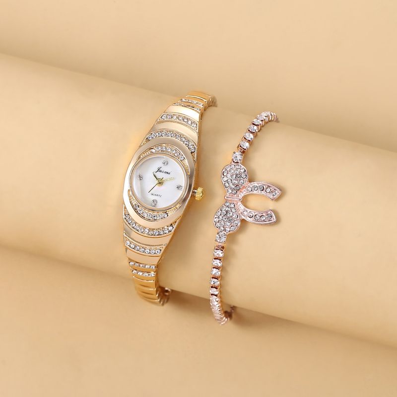 Diamond studded small dial thin strap personalized trendy steel strap quartz watch + bracelet (2pcs/set)_voghion.com