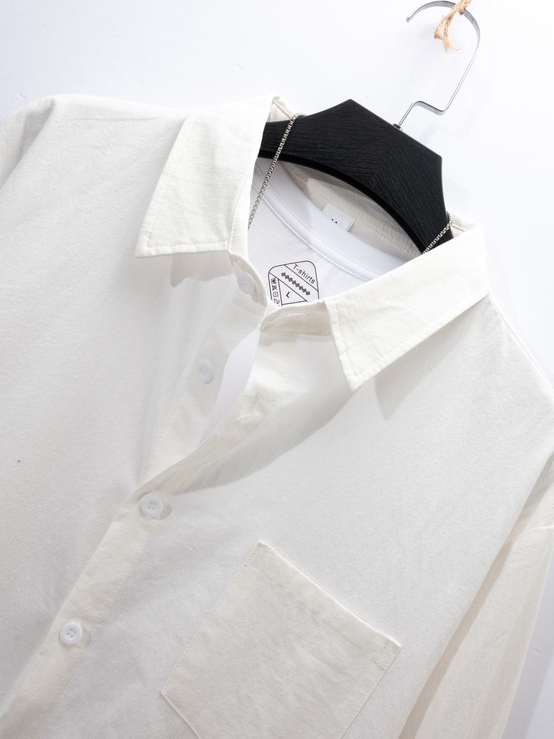 Frühling und Herbst Neue Herren Einfarbig Revers Tasche Knopf Mode All Match Lose Langarmhemd_voghion.com