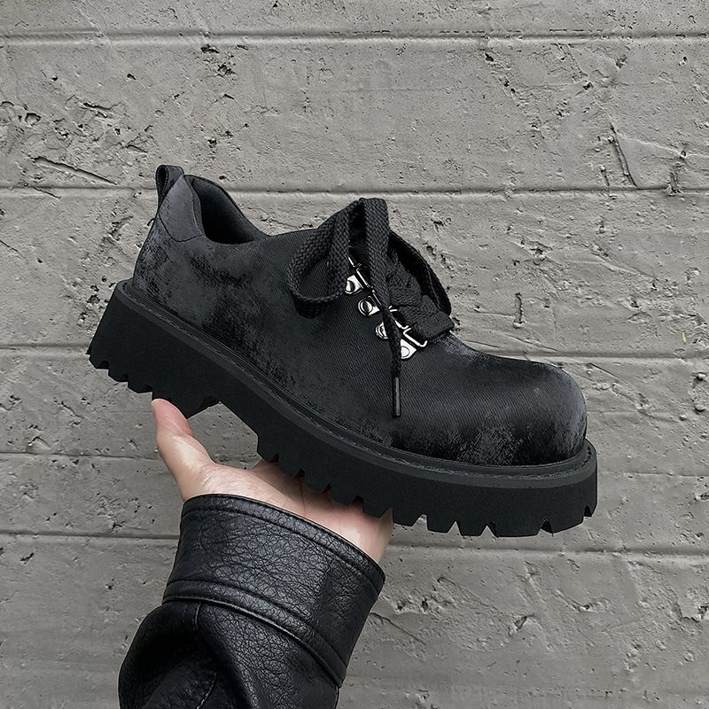 Height Increased By 5CM, Casual Derby Velvet Textured Leather Shoes, Lace Up Round Toe Thick Sole, All Season British_voghion.com