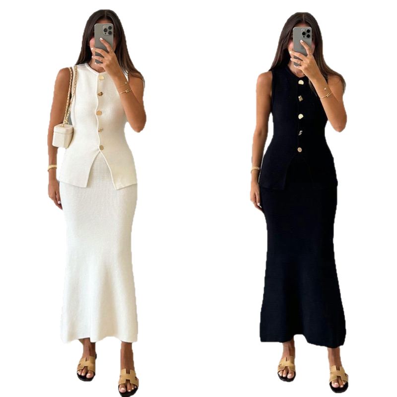 Ensemble deux pièces pour femme, gilet tendance d'été, couleur unie, coupe slim, moulant, jupe longue tricotée_voghion.com