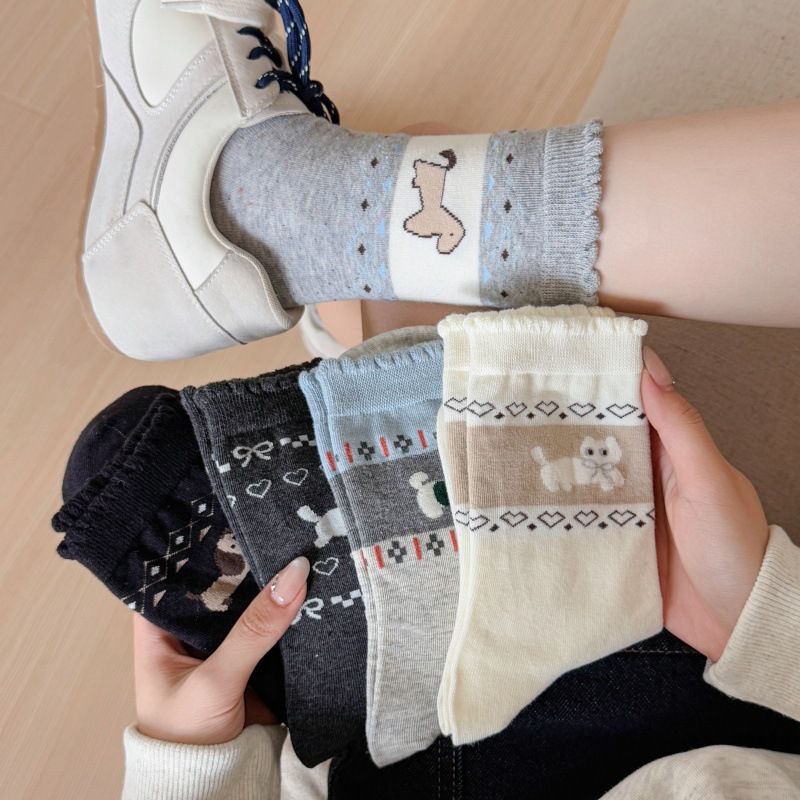 Women's 2025 Fall/Winter New Pure Cotton Gray-Blue Color-Blocked Knee-High Socks_voghion.com