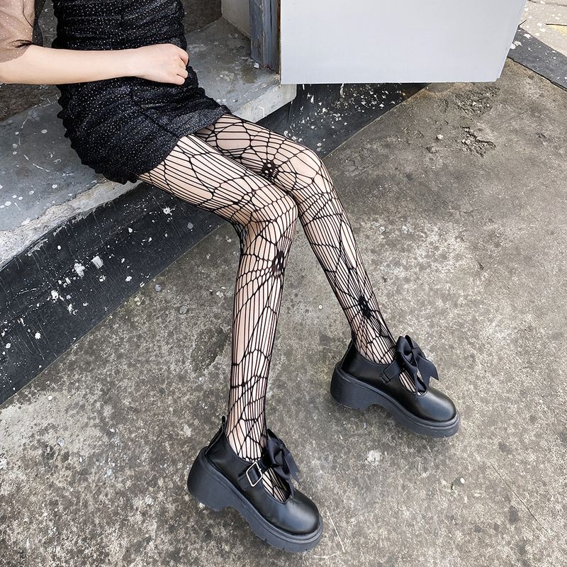JK Socks Spider Web Dark Style Internet Celebrity Schwarze Strümpfe Dünne Socken Hohle Jacquard-Netzstrümpfe Damen_voghion.com