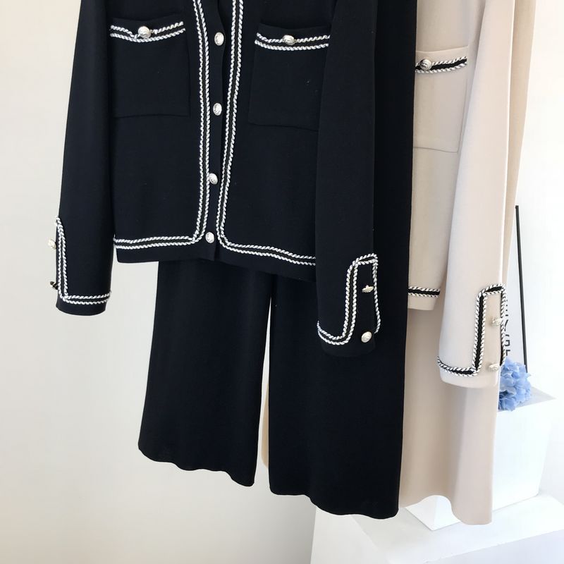 Kadın moda yuvarlak boyun örme hırka üst geniş bacak pantolon iki parçalı set_voghion.com