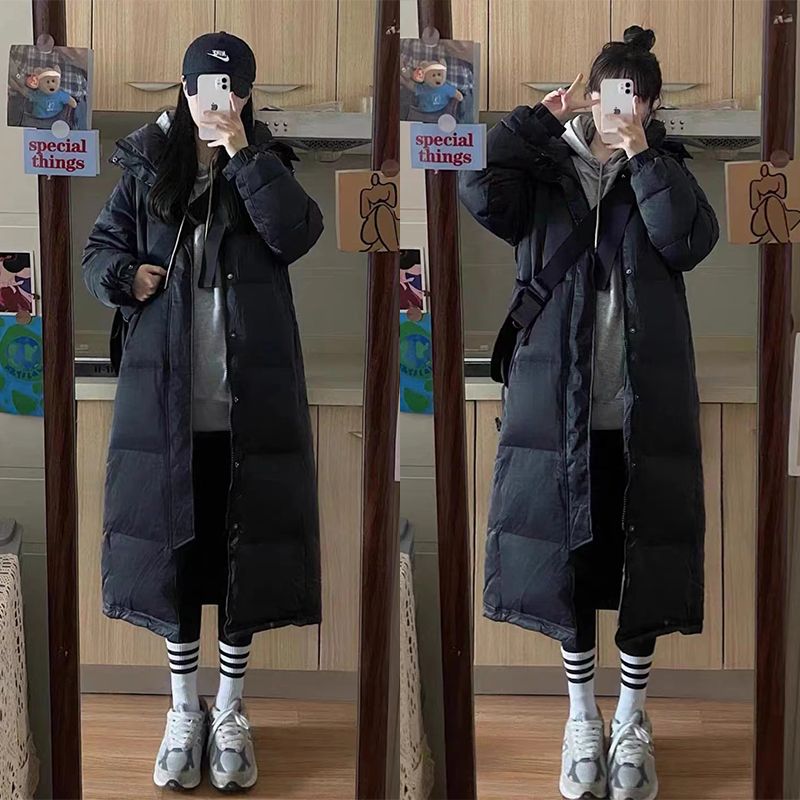 Piumino nero da donna, lungo sopra il ginocchio, spesso e largo, cappello staccabile, nuovo per le coppie in inverno_voghion.com