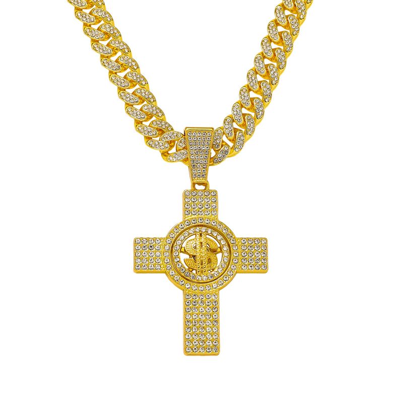 New Personalized Men's Full Diamond Chain Hip-Hop Style Rotating Dollar Cross Pendant Necklace_voghion.com