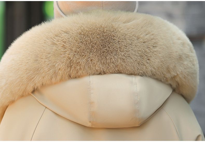 Women's Parka Coat With Detachable Rabbit Fur Hood, Waist-Belted Winter Jacket, Thickened Polyester Shell & Down Cotton Filling For Casual & Office_voghion.com