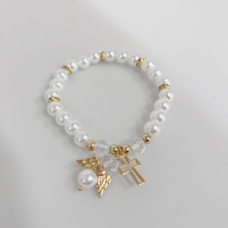 Pink White Artificial Pearl Hot Sale Hollow Cross Angel Accessories New Elastic Cord Bracelet_voghion.com
