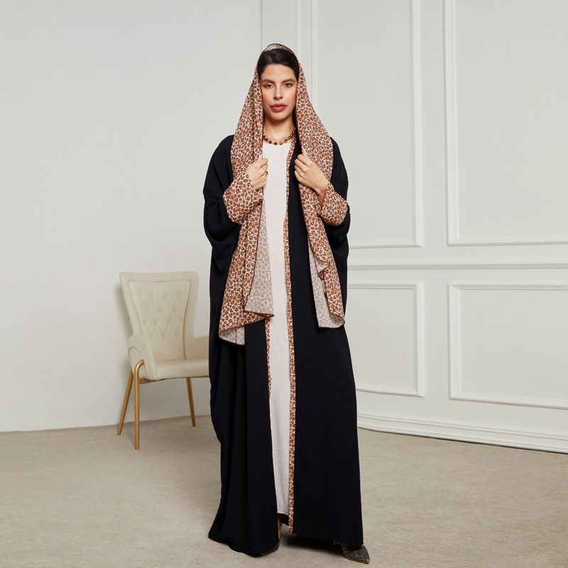2025 neue Leopard Print Kopftuch Moslemische Kleidung Lange Mode Elegante Strickjacke Farbe Block Kleid Robe_voghion.com