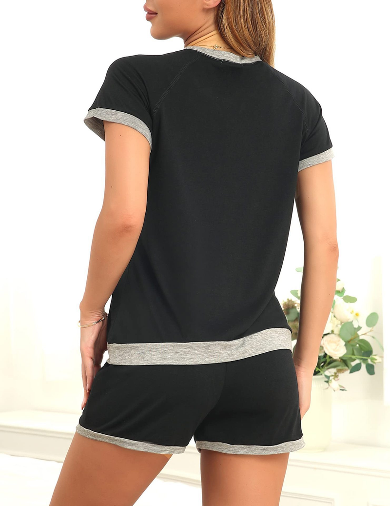 Women's comfortable casual color matching T-shirt shirt shorts two-piece set_voghion.com