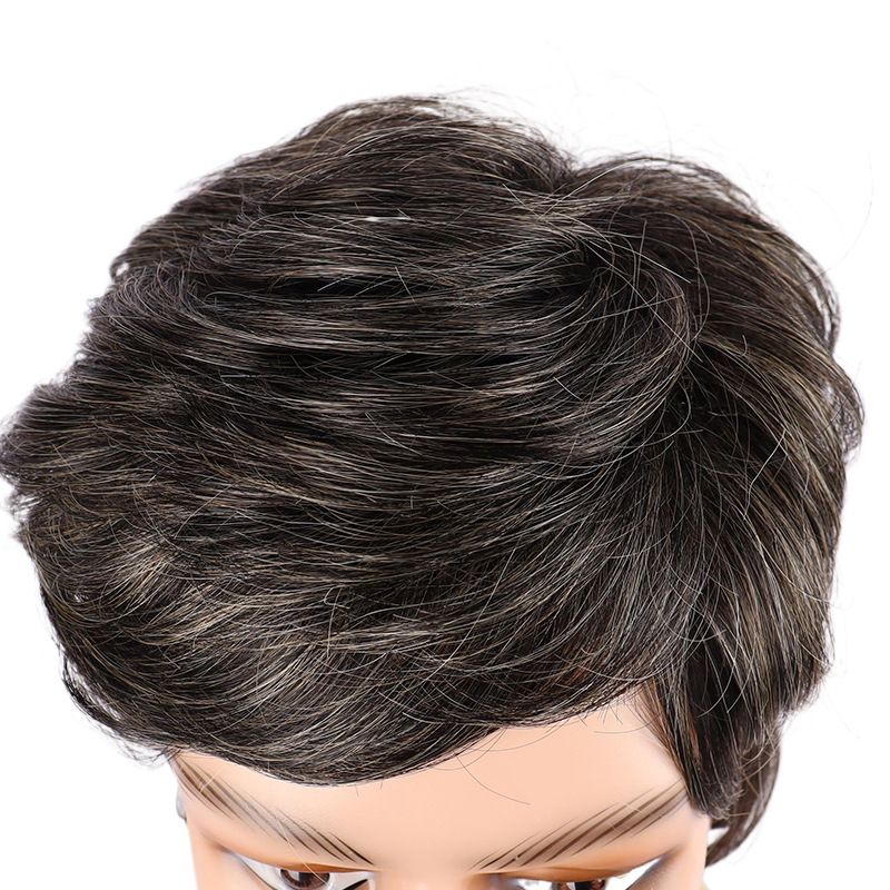 Perruque synthétique à clips pour homme, cheveux courts et raides avec raie sur le côté, en soie haute température et fibres chimiques, pour personnes d'âge moyen et âgées._voghion.com