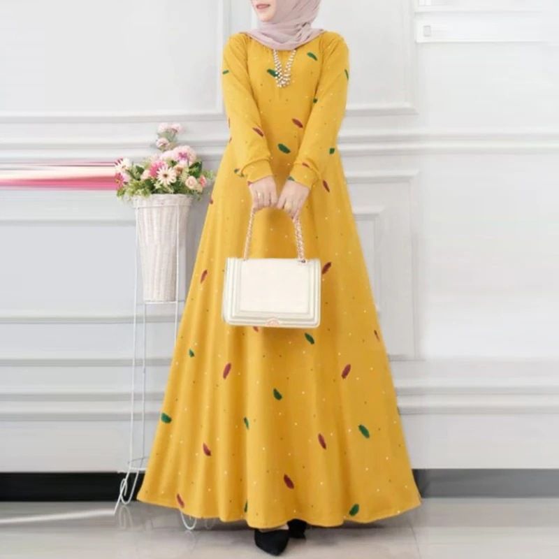 Muslim women's fashion casual dress with leaf dot print, spring and summer long sleeved bohemian large swing skirt_voghion.com