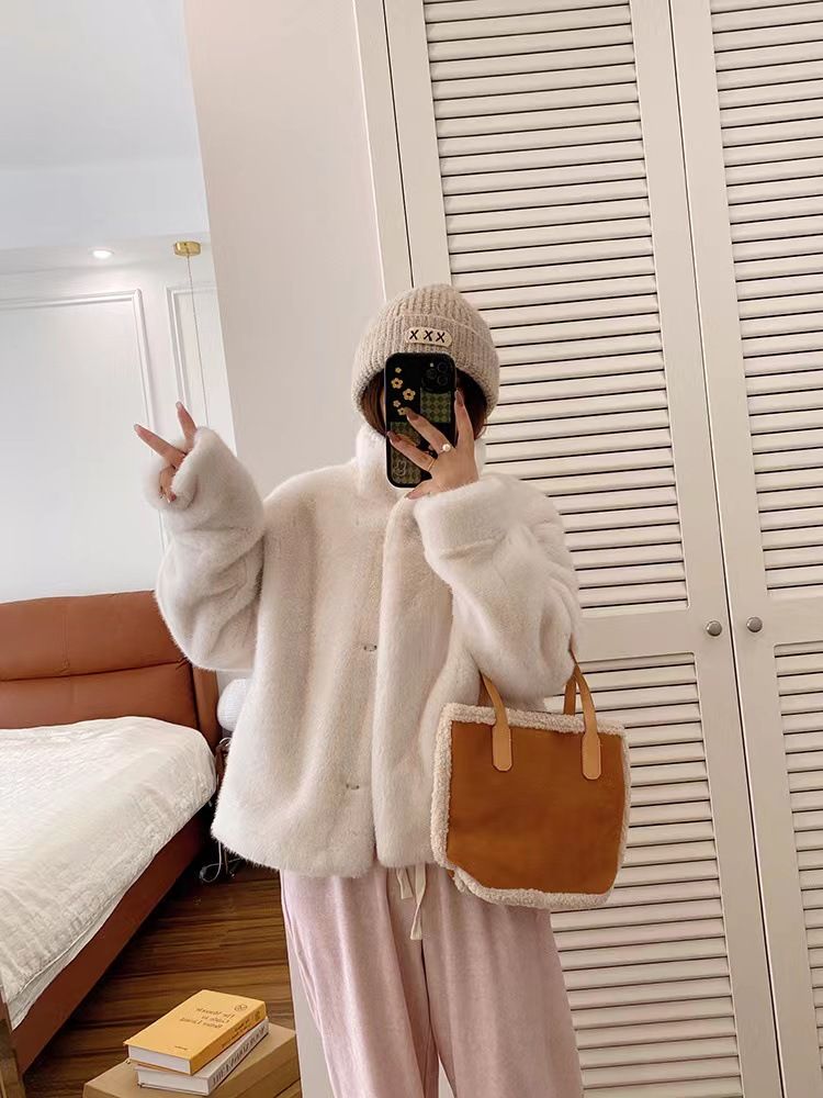 Damenbekleidung Stehkragen Kurzer Nerzsamt Damen Kunstsamt Nerzpelzmantel Kurzer Stehkragen Winter Umweltfreundliche Kunstpelzjacke_voghion.com