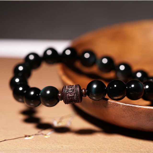 Obsidian Small Leaf Red Sandalwood For Men And Women With Six-Word Mantra Buddhist Prayer Beads Bracelet Gift_voghion.com