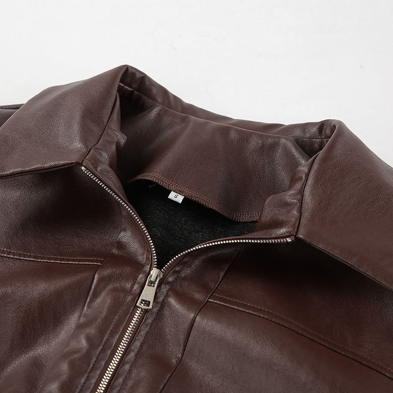 Damenbekleidung Vintage-inspirierte Bomberjacke für Damen – Fliegermantel aus PU-Leder, entspannte Passform, klassisches Braun, Freizeit- und Bürokleidung_voghion.com
