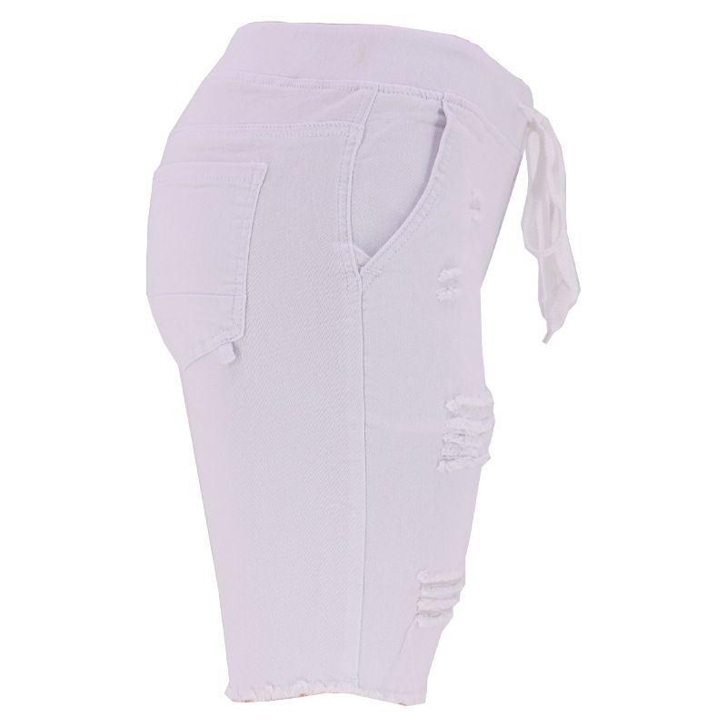 Jeans corti blu lavaggio medio elasticizzati a vita media strappati da donna_voghion.com