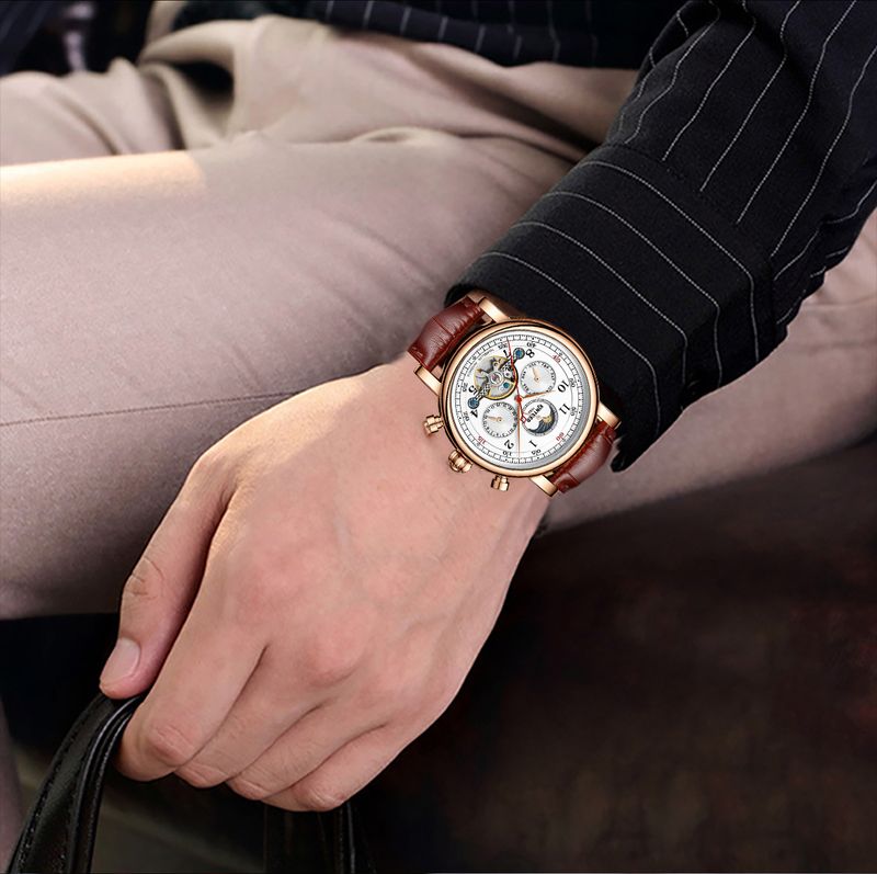 KINYUED Orologi da uomo di lusso, orologio meccanico automatico con fasi lunari, design cavo, cinturino in pelle, orologio da polso da uomo_voghion.com