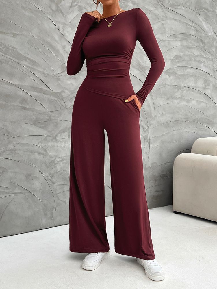 Y2K Damen-Set – Schmales Langarm-Oberteil & Hose mit weitem Bein (S-XL, Schwarz/Dunkelgrau/Khaki/Weinrot/Dunkelgrün/Braun/Dunkelblau)_voghion.com