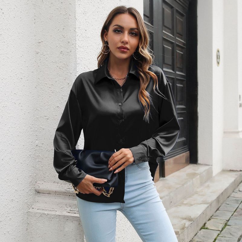 Camicia da donna di media lunghezza a maniche lunghe a maniche lunghe in raso di alta qualità a quadri_voghion.com