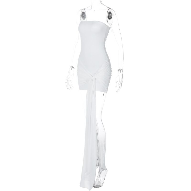 Damenbekleidung Neues einfarbiges Temperament, eingewickelte Brust, Korsett, Spleißen, Netzband, plissiertes kurzes Kleid_voghion.com
