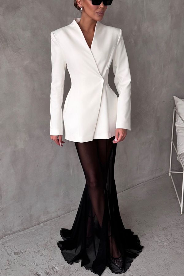 Damenbekleidung Langarm Satin Top Anzug Lose Stretch Garn Mesh Rock Zweiteiliges Set_voghion.com