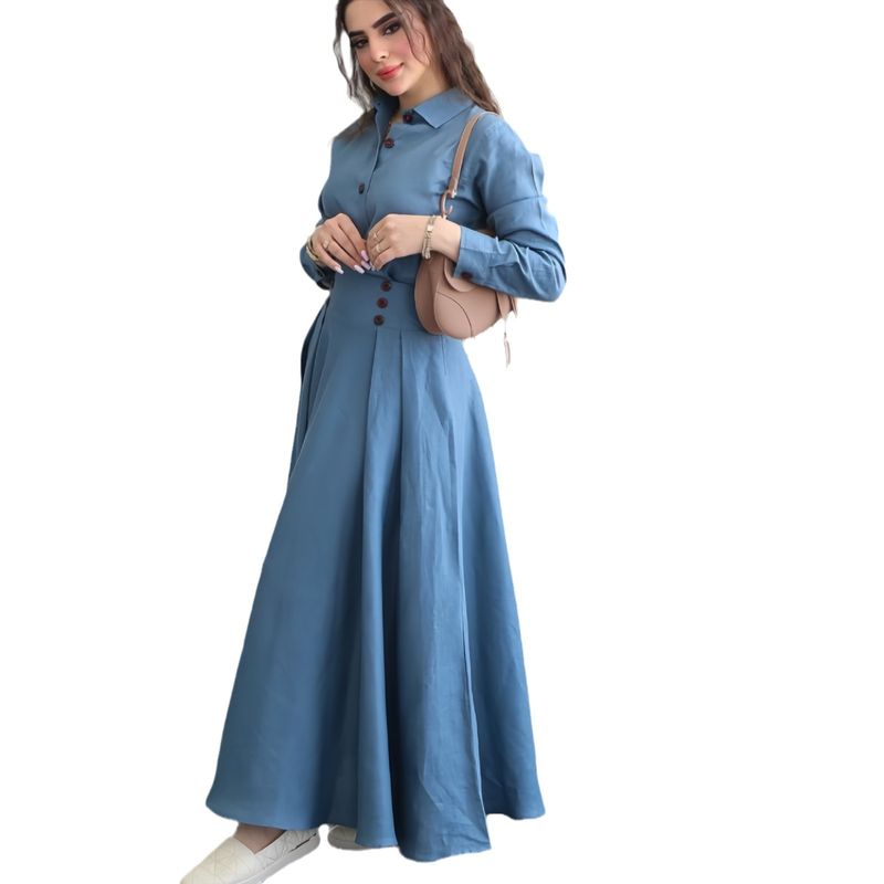 Completo due pezzi da donna in lino, con camicia a maniche lunghe e gonna ampia, tinta unita_voghion.com