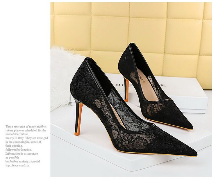 Banquet women's shoes slim high heels shallow mouth pointed stilettos high heels mesh hollow lace high heels single shoes_voghion.com