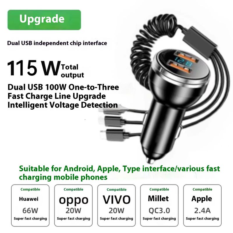 Nov digitalni avtomobilski polnilec z enim do tremi kabli 100W super hitro polnjenje_voghion.com