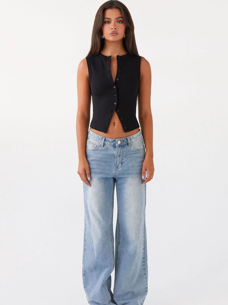 Damenbekleidung Sommer Y2K Slim Hot Girl Ärmellose Weste mit Rundhalsausschnitt und gerippten Knöpfen_voghion.com