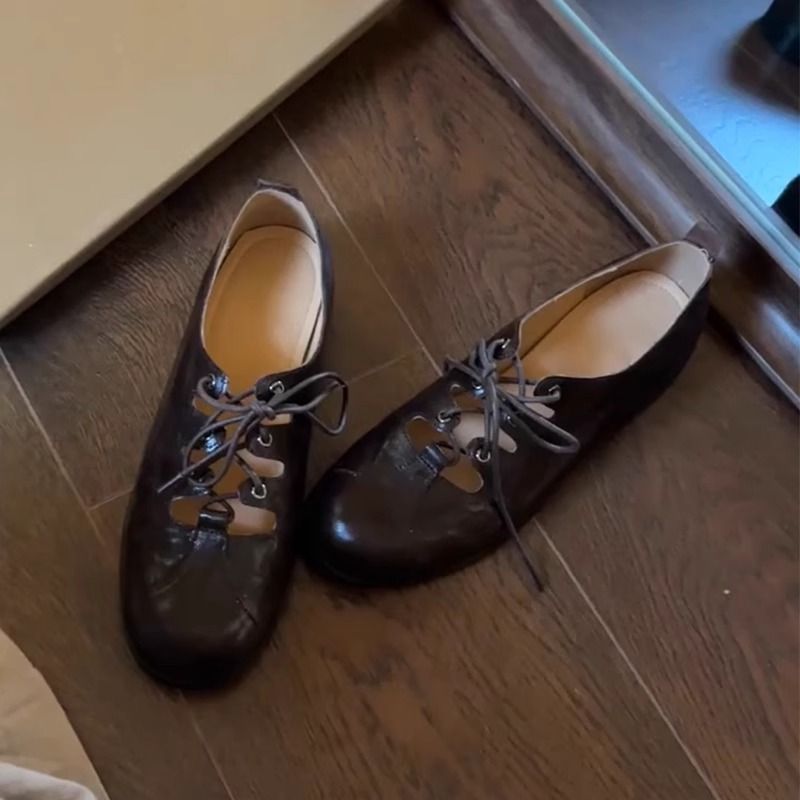 Lancui Damen Mary Jane Flache Schuhe mit flachem Mund und Schnürung im britischen Stil mit niedrigem Absatz und runder Zehenpartie_voghion.com