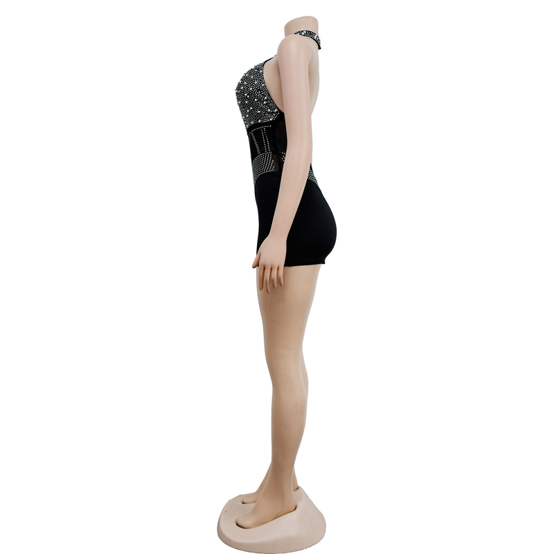 Women's mesh mesh perm beads sleeveless shorts jumpsuit_voghion.com