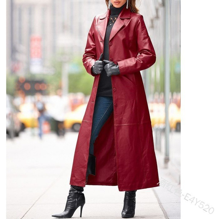 Bestseller: Langer, schmal geschnittener Leder-Trenchcoat für Damen in Übergrößen mit Knöpfen_voghion.com