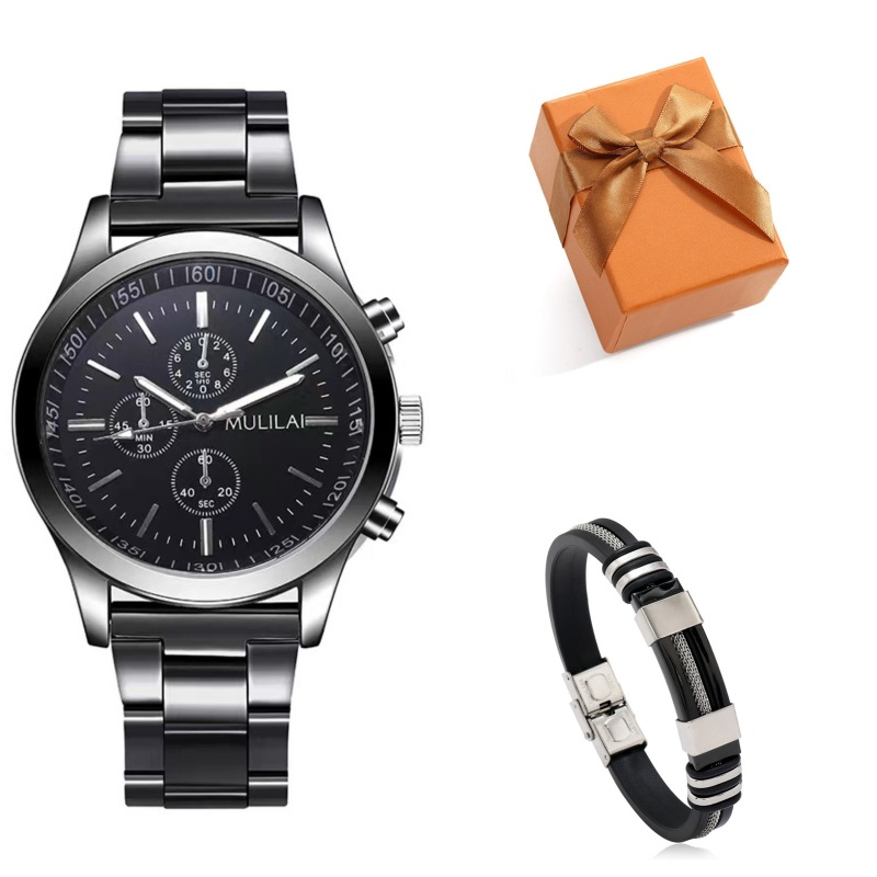 Beliebte Quarzuhr für Herren, zweiteiliges Armband-Set, gewürfelte Skala, drei Augen, lässige High-End-Uhr, für die Arbeit, Alltag, Geburtstag, Jahrestag, Valentinstag, Geschenk_voghion.com