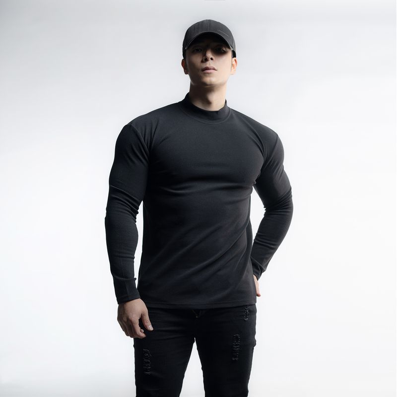 Thermo-Langarm-T-Shirt für Herren zum Laufen und fürs Fitnessstudio – atmungsaktives doppellagiges Fleece, Rundhalsausschnitt und hoher Kragen, einfarbig (Schwarz/Weiß/Grau/Khaki)_voghion.com