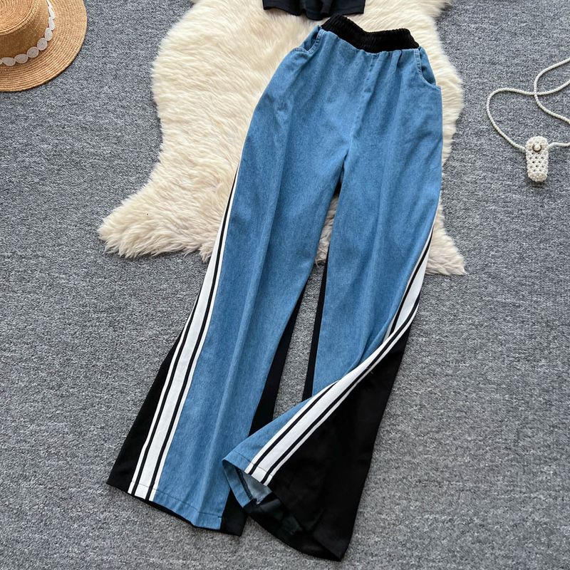 Modischer Freizeitanzug für Damen im Sommer, amerikanische Retro-Hosenträger mit Buchstabenstickerei, kurze Weste, hohe Taille, Denimhose mit weitem Bein_voghion.com