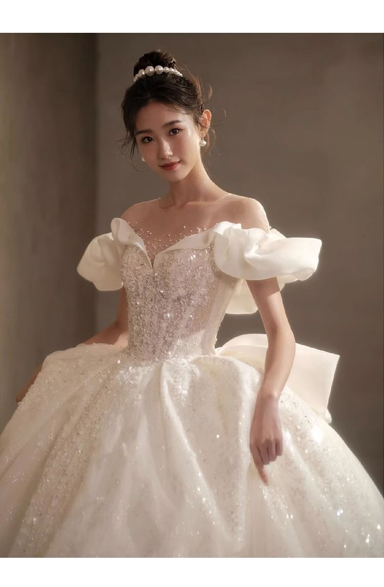 Women's Clothing one shoulder white wedding dress for petite new bride high end texture princess Qi landlord yarn_voghion.com