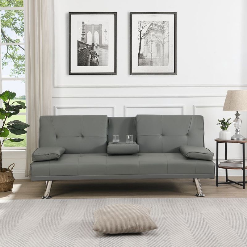 Sofa Bed With Armrest Two Holders WOOD FRAME, STAINLESS LEG, FUTON GREY PVC_voghion.com