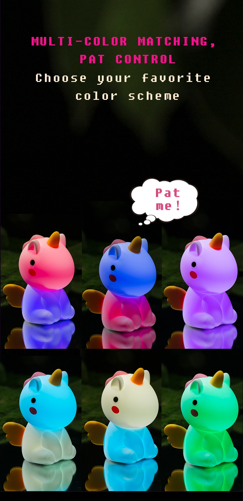 Tek boynuzlu at sevimli silikon LED gece lambası çocuklar için çocuk USB şarj edilebilir karikatür hayvan yatak odası dekoru dokunmatik gece lambası hediyeler için_voghion.com