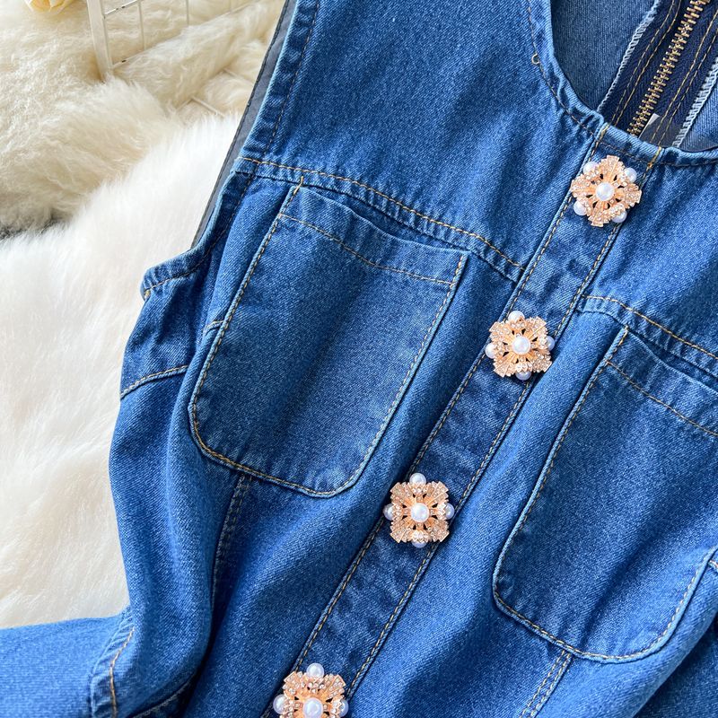 Dameskleding Mouwloos vest Denim rok Taille afslankend Zwaar kralen enkelrijs geplooide jurk_voghion.com