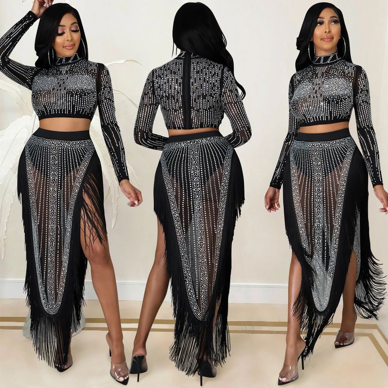 Vêtements pour femmes sexy discothèque chaude maille diamant transparente à manches longues fente longue jupe ensemble deux pièces_voghion.com